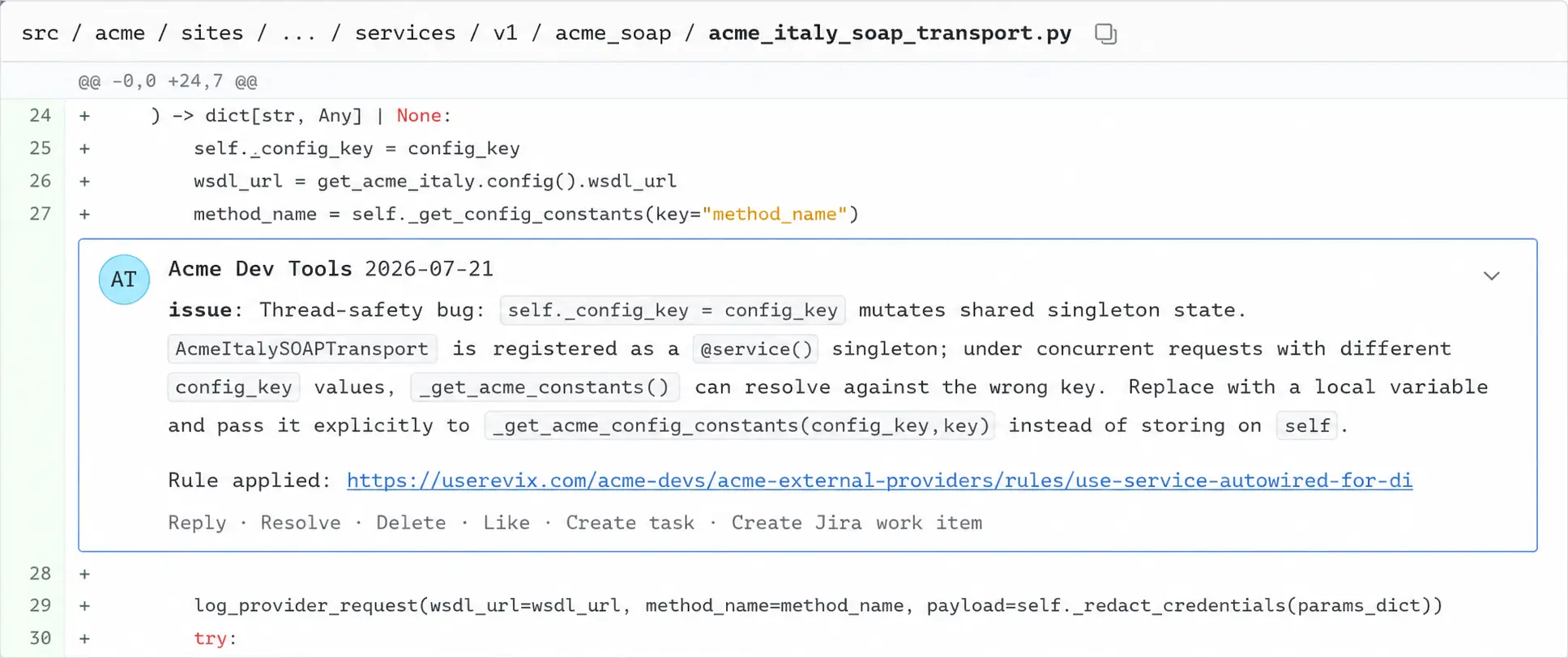 A Revix AI review comment on a Bitbucket pull request flagging a thread-safety bug where a singleton service mutates shared state, with a link to the team's dependency-injection rule