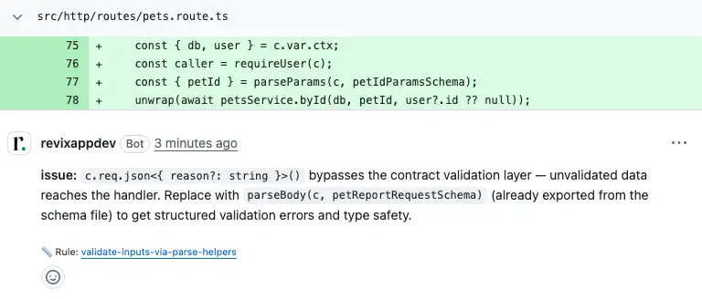 A Revix AI review comment on the same pull request, tagged issue and linking the repository rule validate-inputs-via-parse-helpers