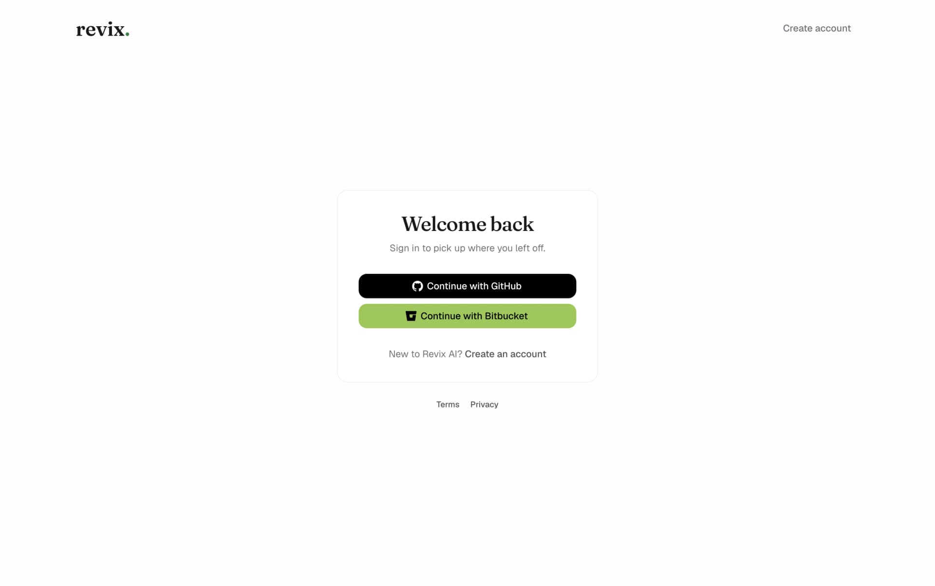 Revix sign-in screen with a Continue with Bitbucket button next to Continue with GitHub