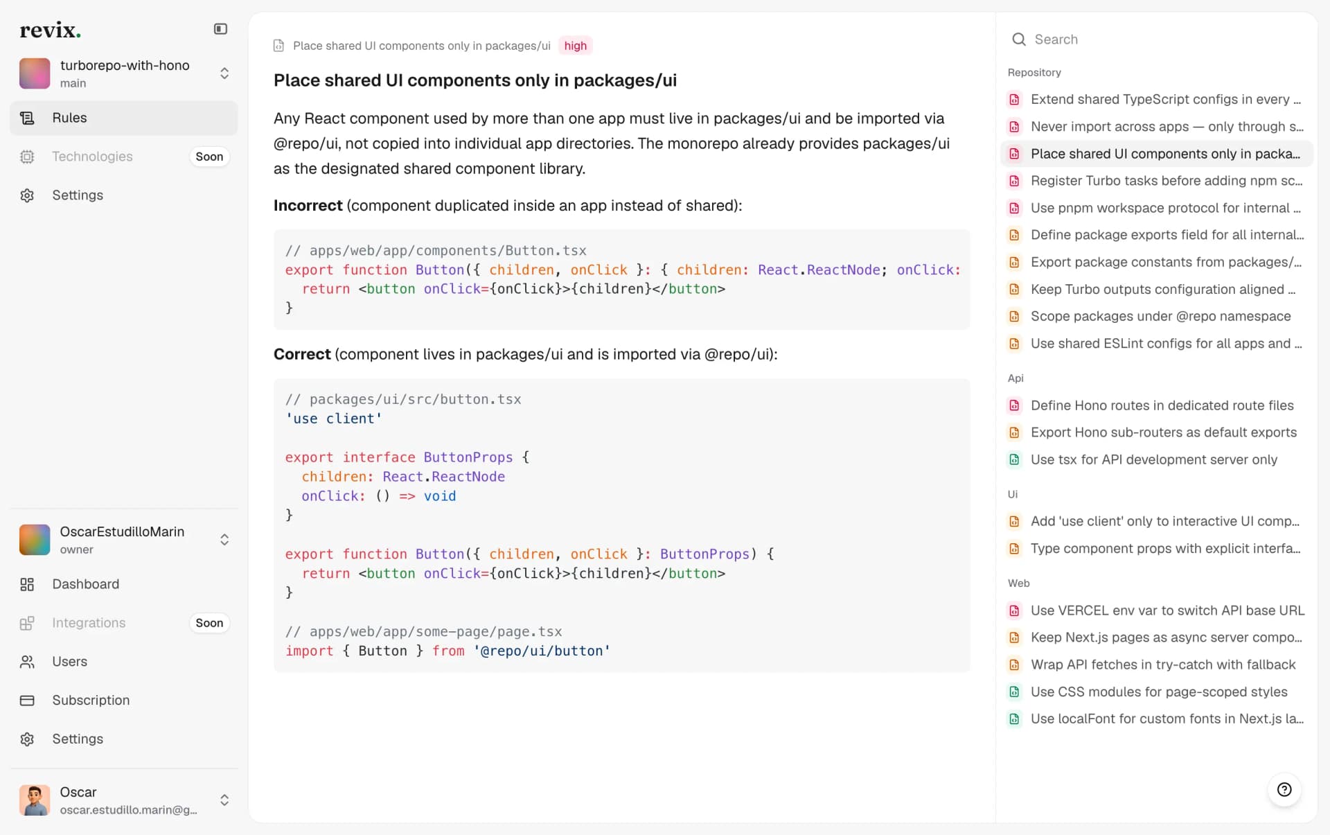 Revix rules dashboard listing rules derived from a codebase, grouped by impact