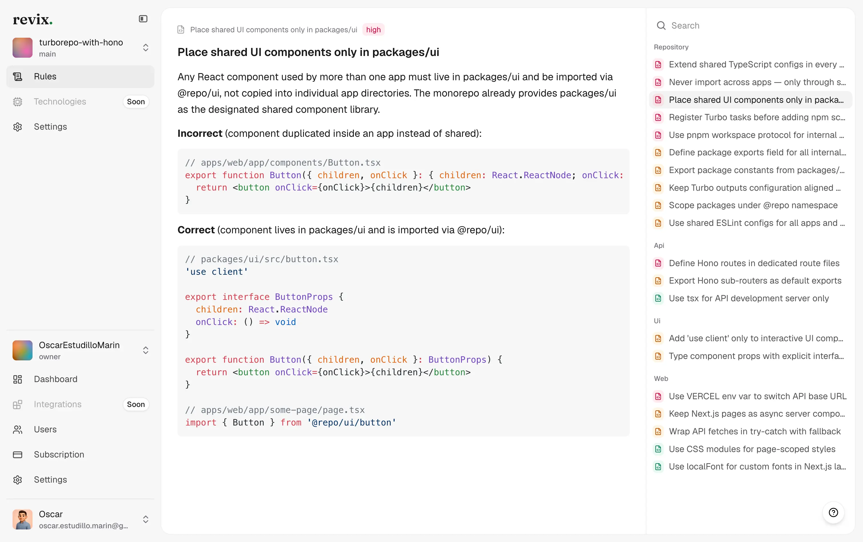The Revix rules dashboard listing derived rules grouped by impact and by app